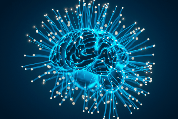 Image of brain with data points for clinical research