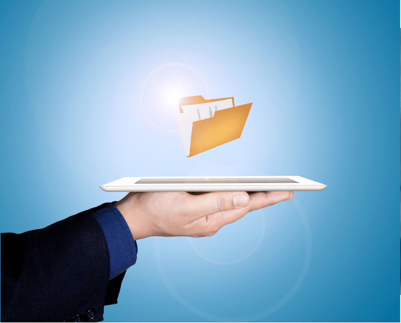 hand holding tablet with document storage icon above for trial master file system