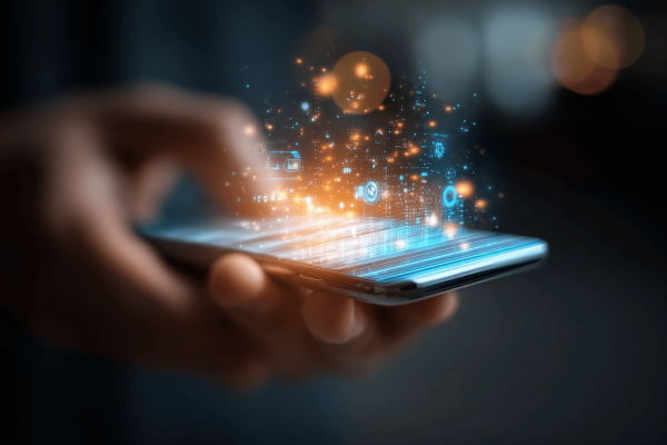 person holding phone with data coming out of screen, indicating use of AI data
