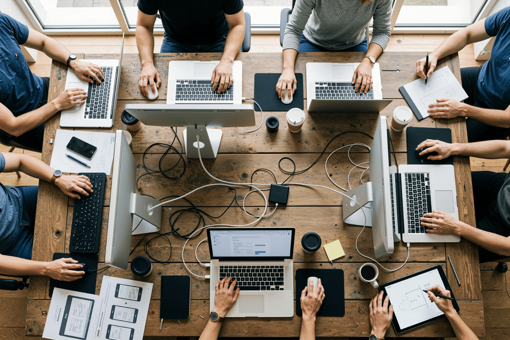 people working together at a table on their laptops