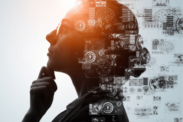 side profile of woman surrounded by health data points